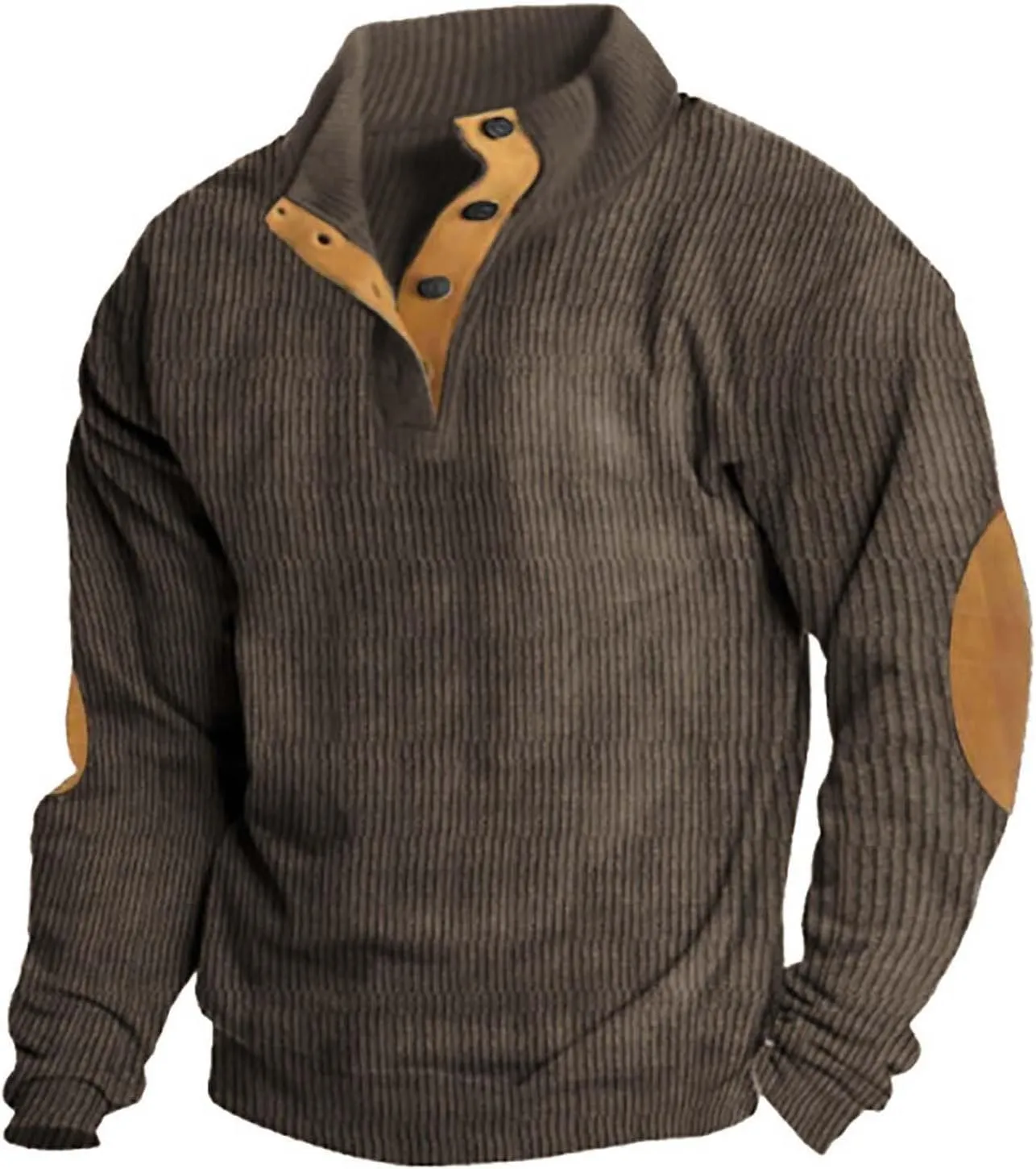 Mens Corduroy Sweatshirt Casual Stand Collar Button Up Pullover Long Sleeve Polo Sweater Shirts with Elbow Patches
