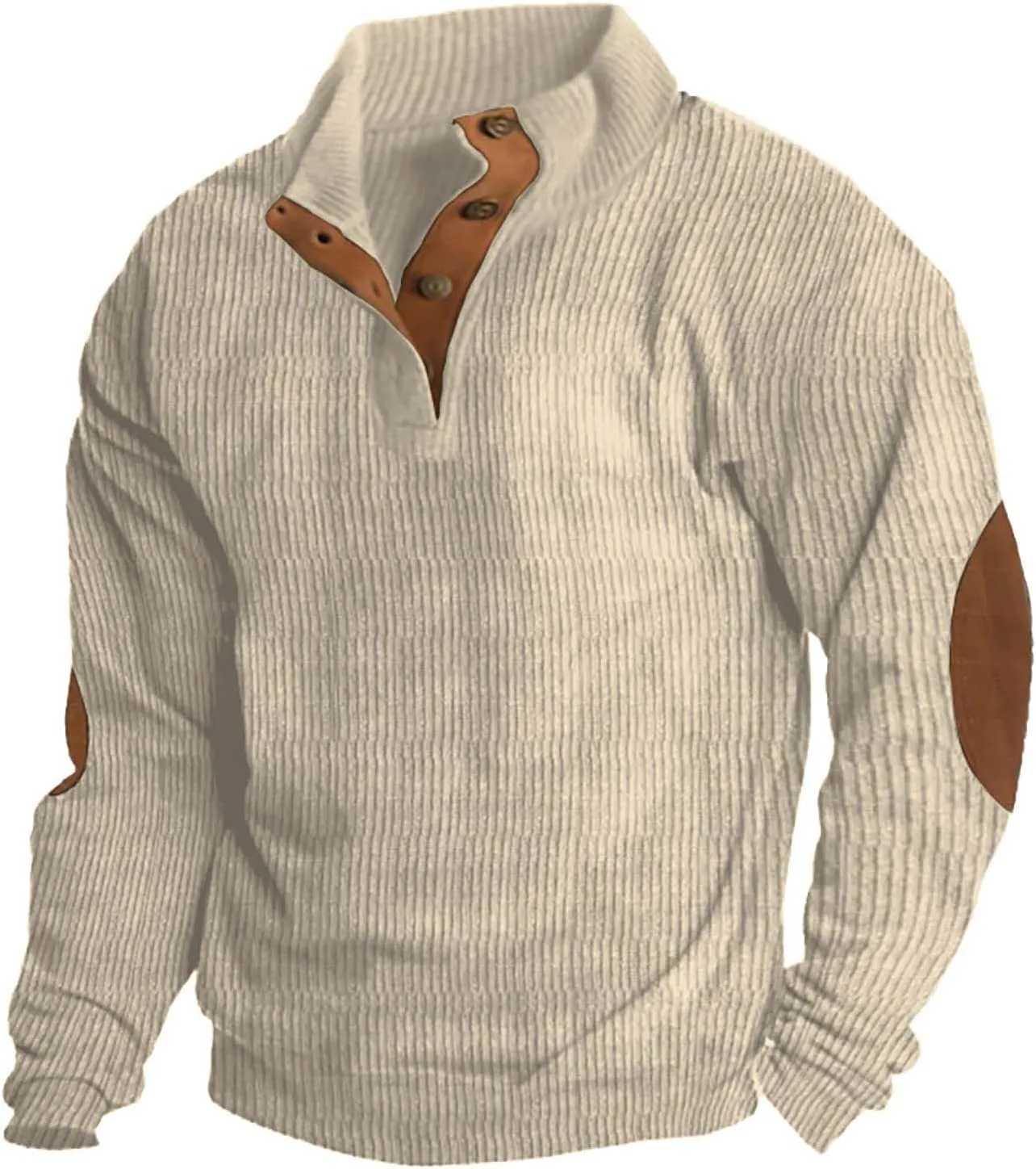 Mens Corduroy Sweatshirt Casual Stand Collar Button Up Pullover Long Sleeve Polo Sweater Shirts with Elbow Patches