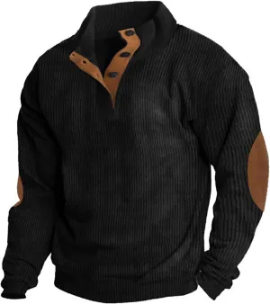 Mens Corduroy Sweatshirt Casual Stand Collar Button Up Pullover Long Sleeve Polo Sweater Shirts with Elbow Patches