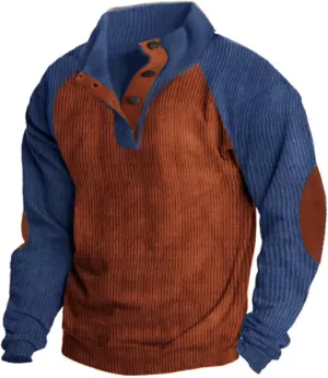 Mens Corduroy Sweatshirt Casual Stand Collar Button Up Pullover Long Sleeve Polo Sweater Shirts with Elbow Patches