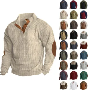 Mens Corduroy Sweatshirt Casual Stand Collar Button Up Pullover Long Sleeve Polo Sweater Shirts with Elbow Patches