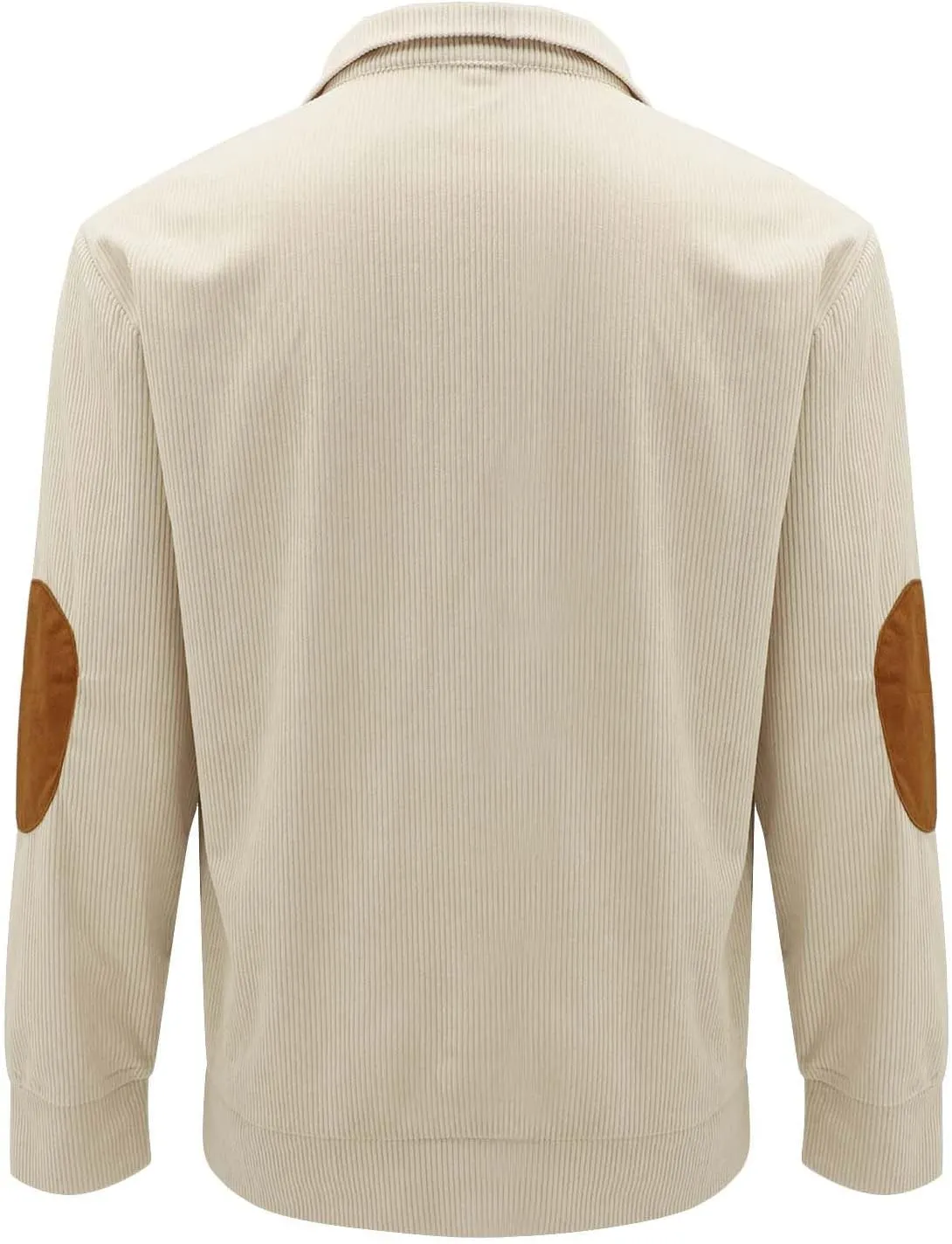 Mens Corduroy Sweatshirt Casual Stand Collar Button Up Pullover Long Sleeve Polo Sweater Shirts with Elbow Patches