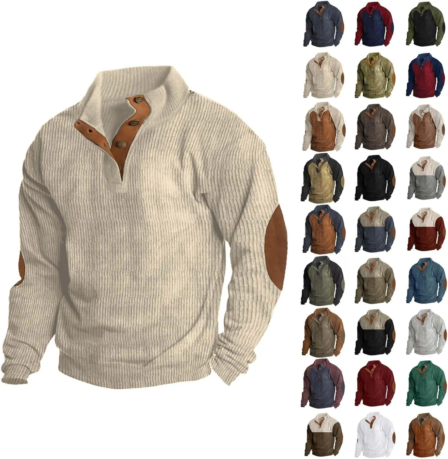 Mens Corduroy Sweatshirt Casual Stand Collar Button Up Pullover Long Sleeve Polo Sweater Shirts with Elbow Patches