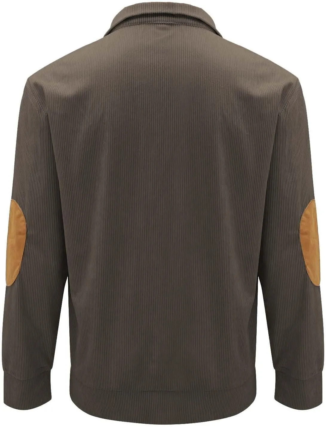 Mens Corduroy Sweatshirt Casual Stand Collar Button Up Pullover Long Sleeve Polo Sweater Shirts with Elbow Patches