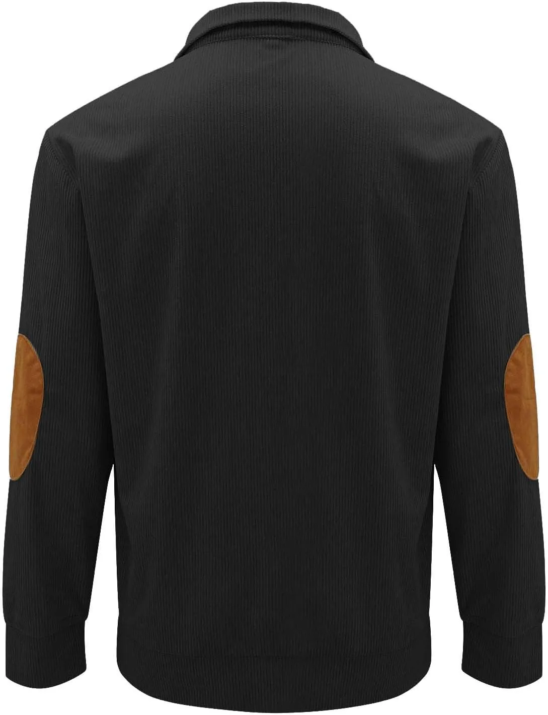 Mens Corduroy Sweatshirt Casual Stand Collar Button Up Pullover Long Sleeve Polo Sweater Shirts with Elbow Patches