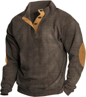 Mens Corduroy Sweatshirt Casual Stand Collar Button Up Pullover Long Sleeve Polo Sweater Shirts with Elbow Patches