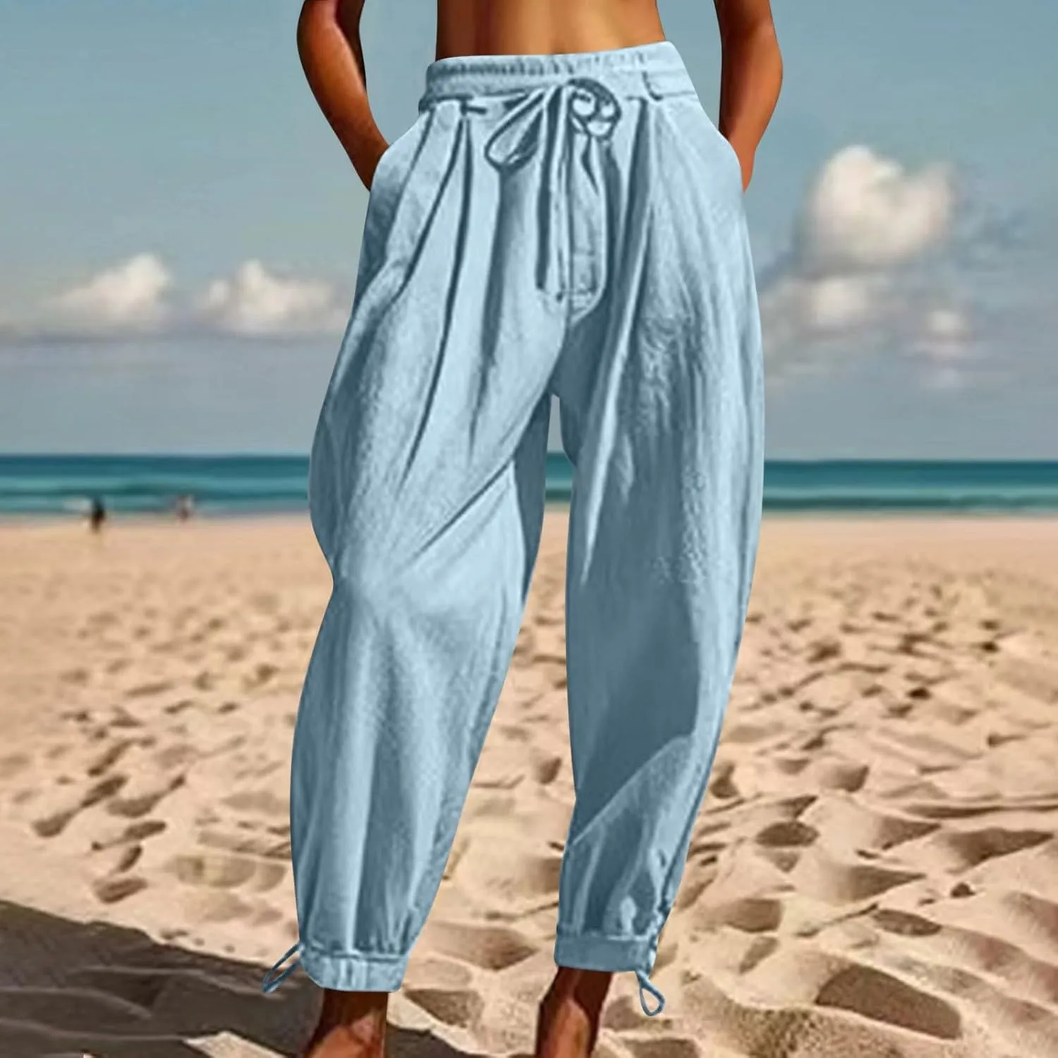 Men's Cotton Linen Harem Pants Soft Stretchy Waist Casual Hippie Trousers Lightweight Loose Fitting Beach Yoga Pant