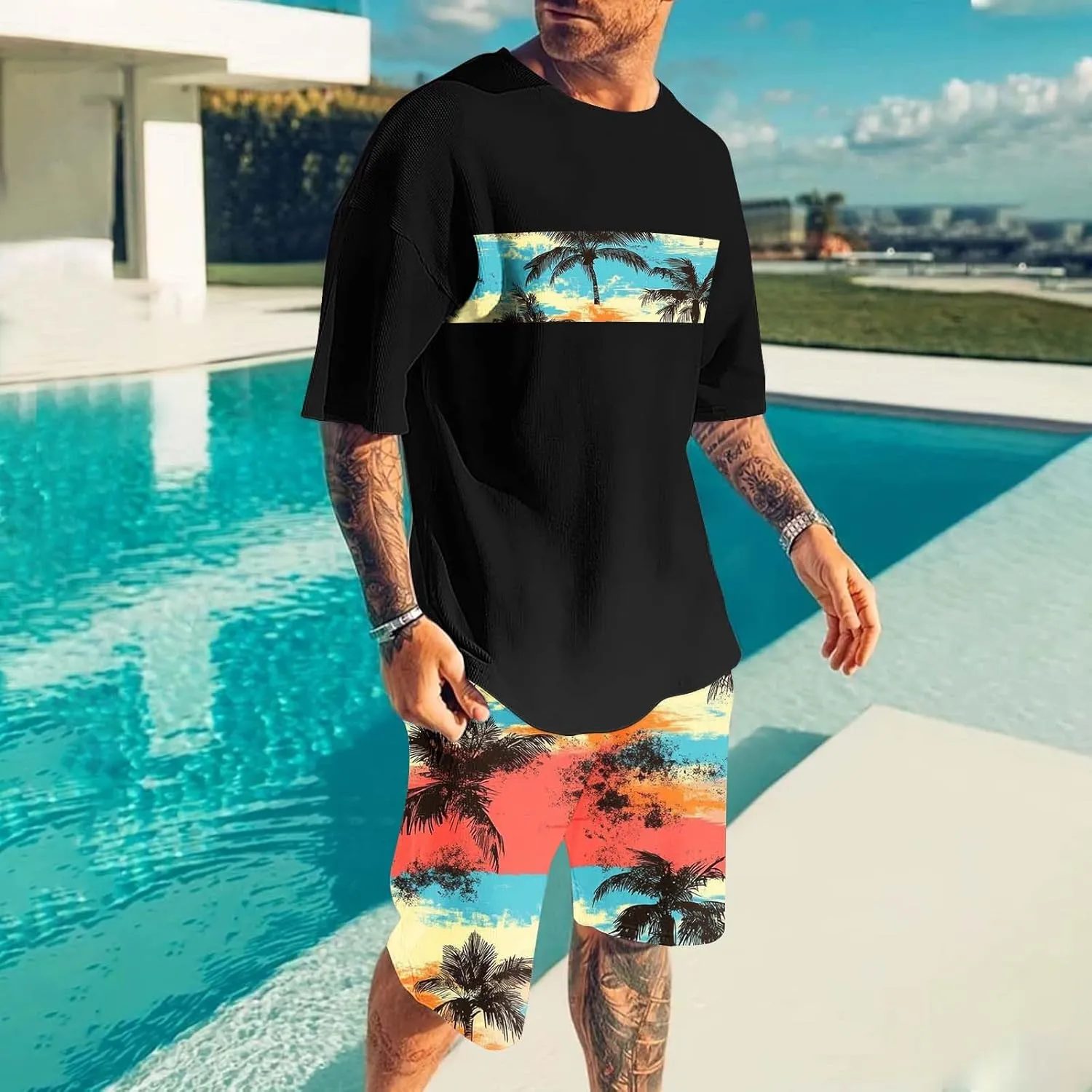Mens Cotton Sets 2 Piece Outfits Hawaiian Graphic Print Shirt and Shorts 2 Piece Sets Beach Clothes Crewneck Summer