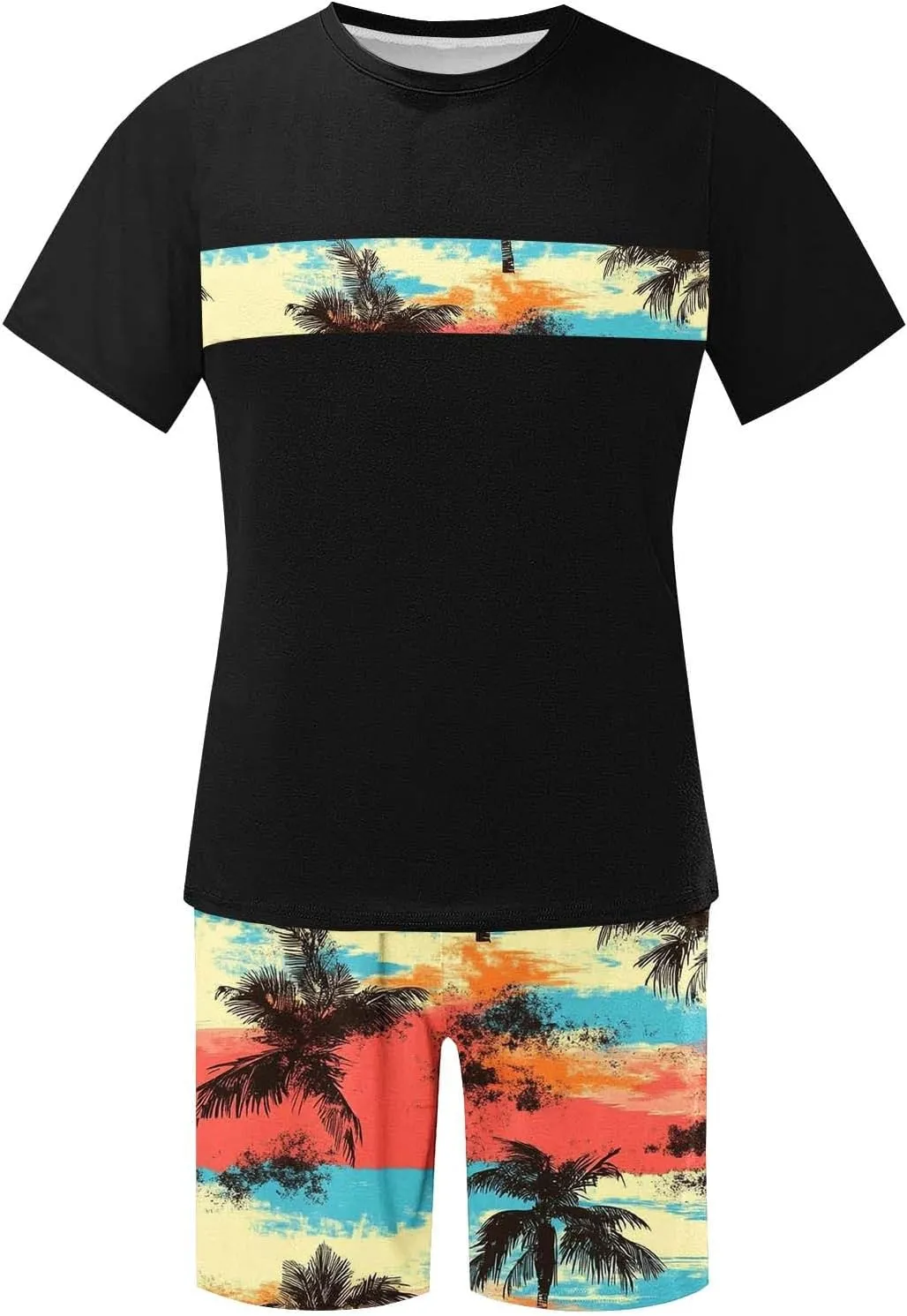 Mens Cotton Sets 2 Piece Outfits Hawaiian Graphic Print Shirt and Shorts 2 Piece Sets Beach Clothes Crewneck Summer