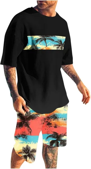 Mens Cotton Sets 2 Piece Outfits Hawaiian Graphic Print Shirt and Shorts 2 Piece Sets Beach Clothes Crewneck Summer