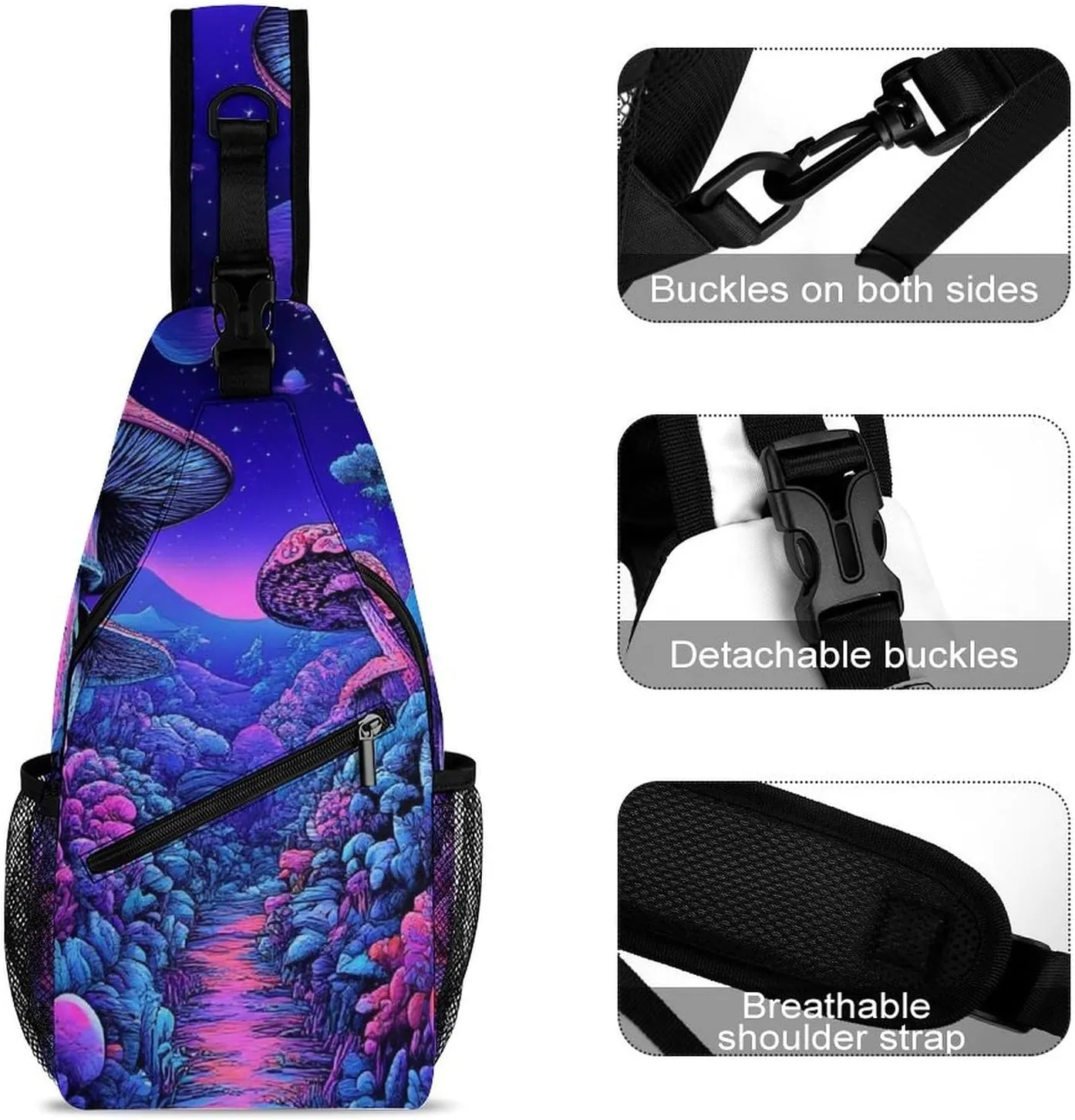 Mens Crossbody Shoulder Bag, Casual Daypacks Large Capacity Sling Chest Bag Magic Mushroom Mushrooms Scenery Gym Backpack for Hiking Sport Travel