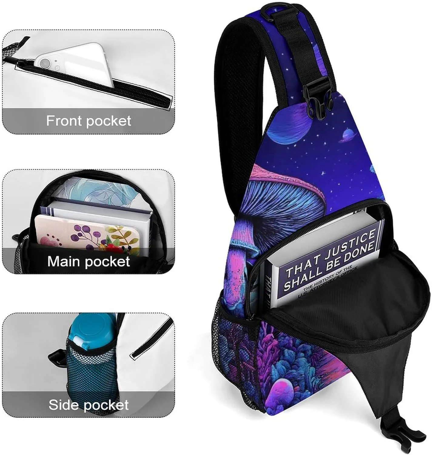 Mens Crossbody Shoulder Bag, Casual Daypacks Large Capacity Sling Chest Bag Magic Mushroom Mushrooms Scenery Gym Backpack for Hiking Sport Travel