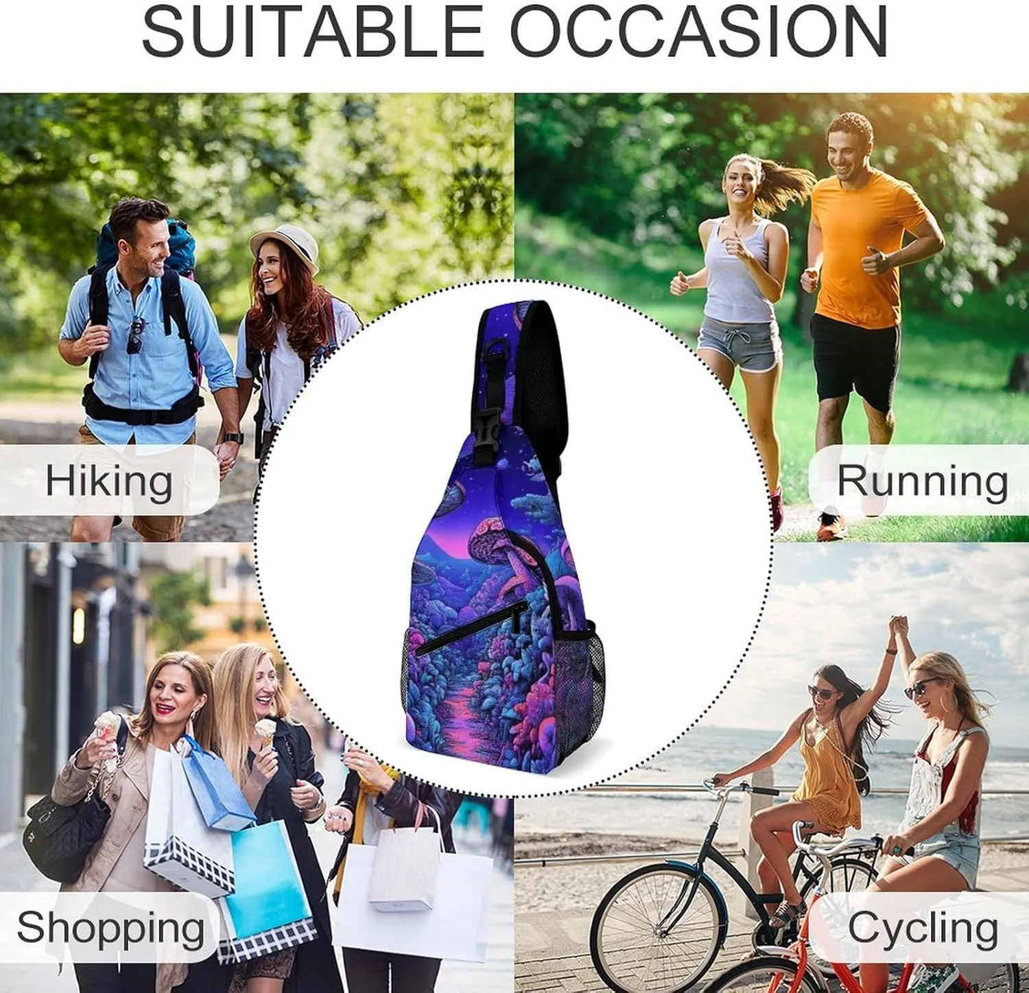 Mens Crossbody Shoulder Bag, Casual Daypacks Large Capacity Sling Chest Bag Magic Mushroom Mushrooms Scenery Gym Backpack for Hiking Sport Travel