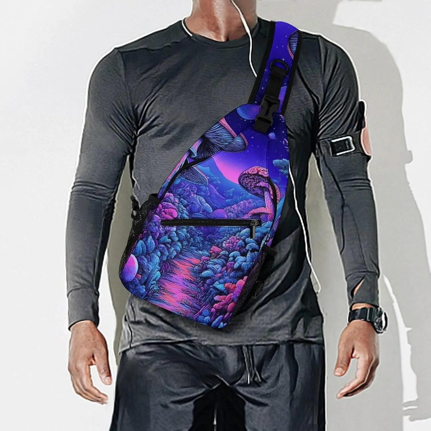 Mens Crossbody Shoulder Bag, Casual Daypacks Large Capacity Sling Chest Bag Magic Mushroom Mushrooms Scenery Gym Backpack for Hiking Sport Travel