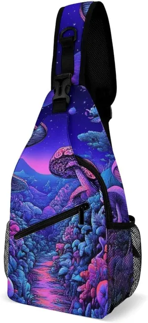 Mens Crossbody Shoulder Bag, Casual Daypacks Large Capacity Sling Chest Bag Magic Mushroom Mushrooms Scenery Gym Backpack for Hiking Sport Travel