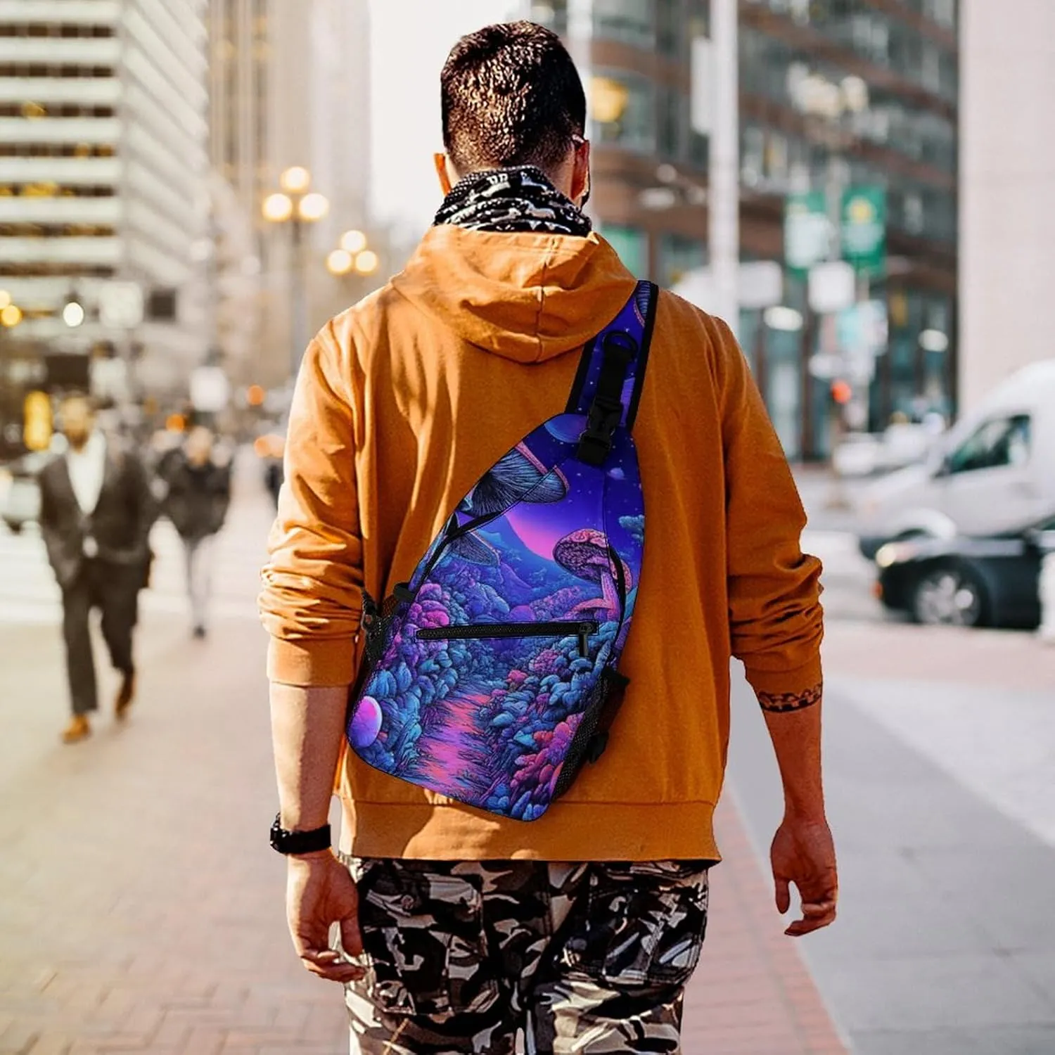 Mens Crossbody Shoulder Bag, Casual Daypacks Large Capacity Sling Chest Bag Magic Mushroom Mushrooms Scenery Gym Backpack for Hiking Sport Travel