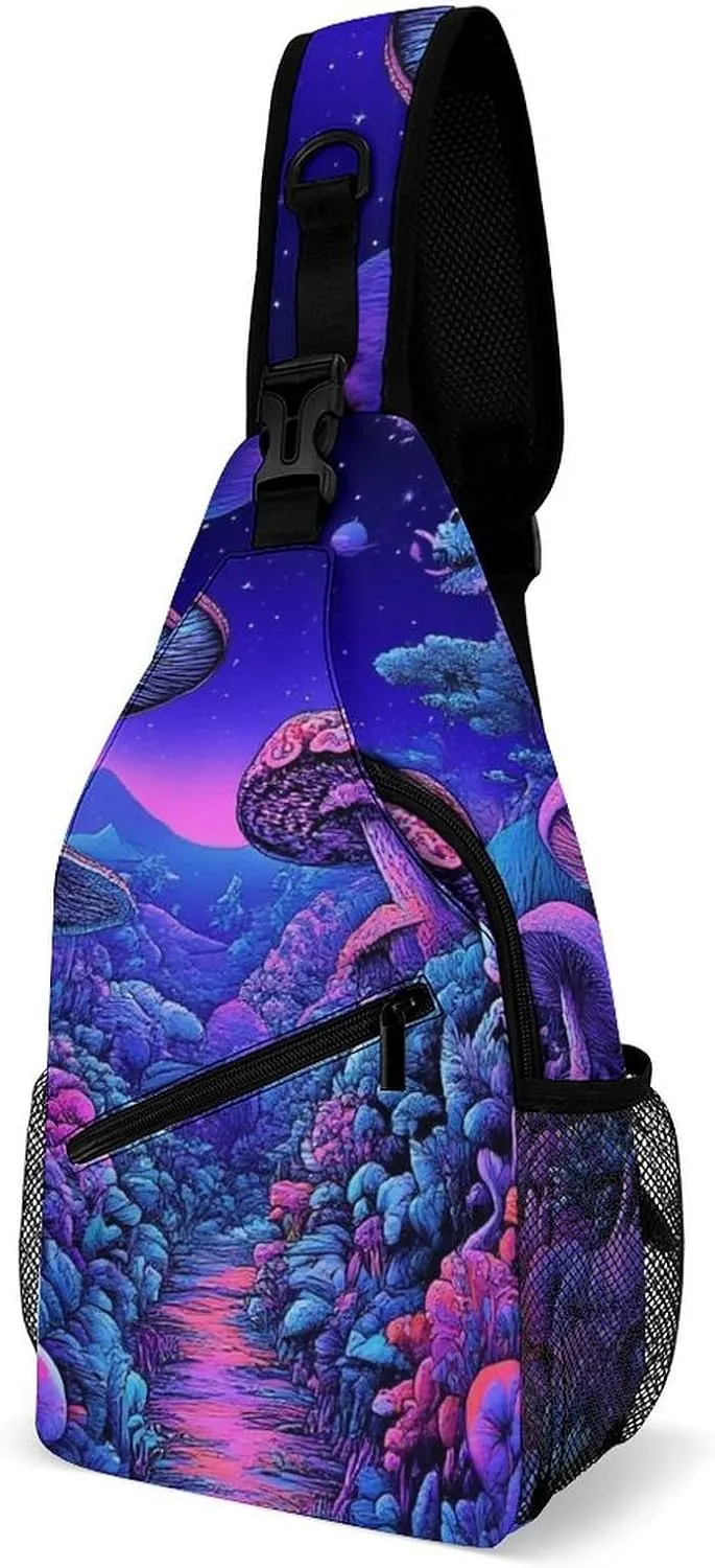 Mens Crossbody Shoulder Bag, Casual Daypacks Large Capacity Sling Chest Bag Magic Mushroom Mushrooms Scenery Gym Backpack for Hiking Sport Travel