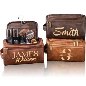 Men's Customizable Hanging Toiletry bag for man Dopp Kit Bag for Travel, Wedding Groomsmen Gifts, Father's Day，Christmas Birthday Presents for Dad, Husband, Grandpa，Lover (Fiber Engraving)