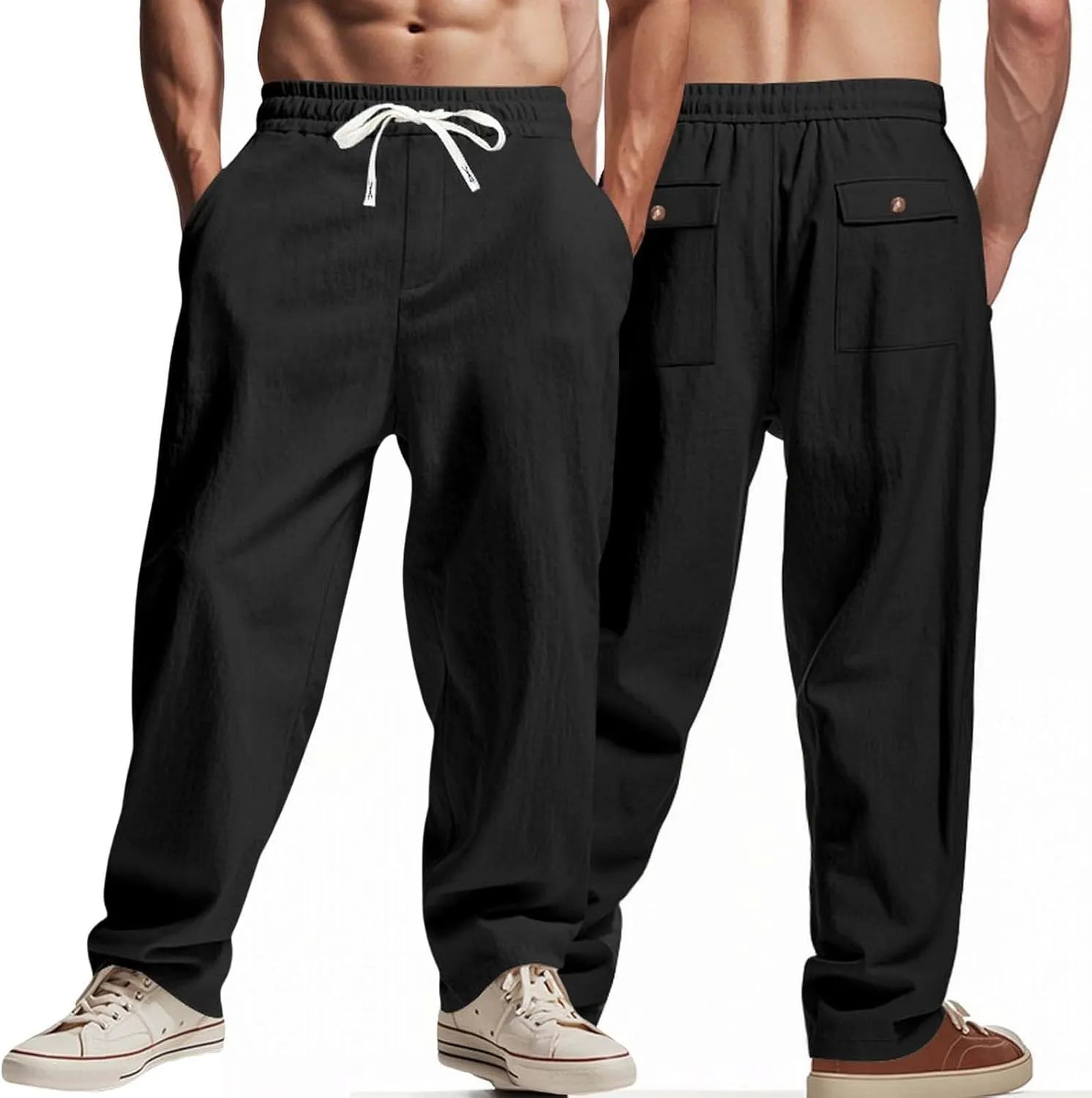 Mens Drawstring Linen Pants Loose Fit Casual Summer Beach Plain Trousers Fashion Outdoor Hiking Camping Wedding Pant