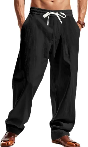 Mens Drawstring Linen Pants Loose Fit Casual Summer Beach Plain Trousers Fashion Outdoor Hiking Camping Wedding Pant