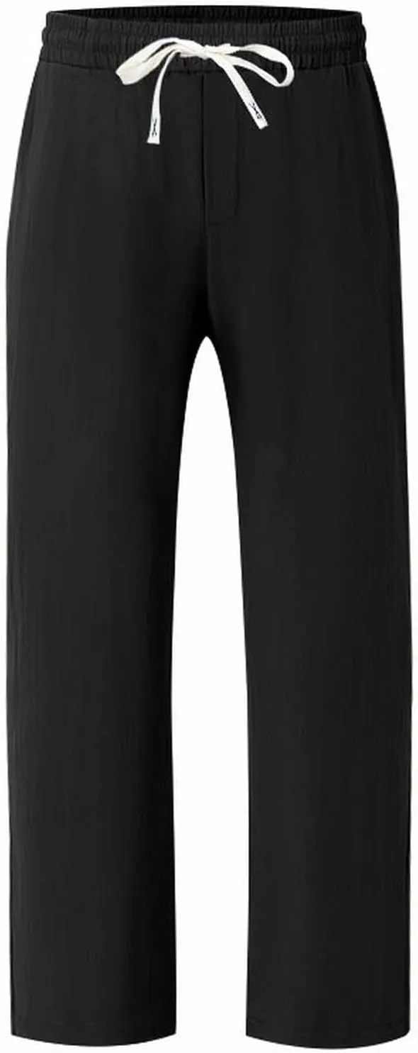 Mens Drawstring Linen Pants Loose Fit Casual Summer Beach Plain Trousers Fashion Outdoor Hiking Camping Wedding Pant