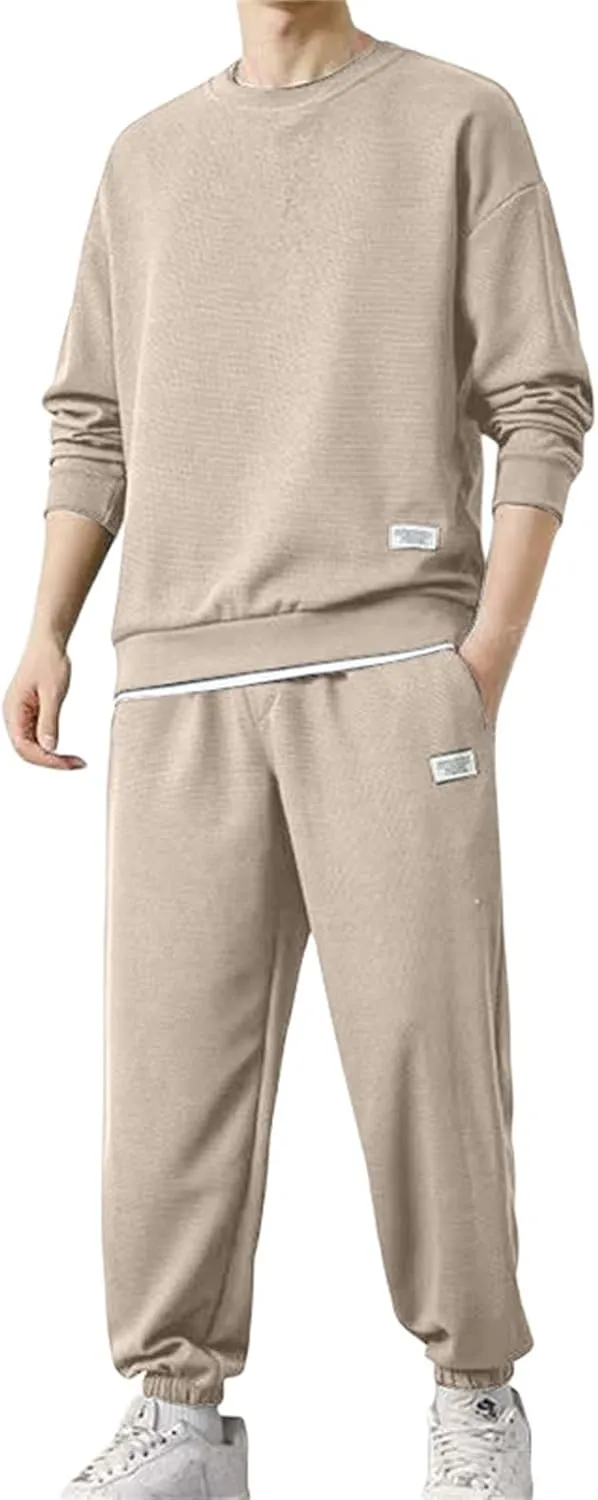 Mens Fashion Sweatshirt Set Casual Crew Neck Long Sleeve Tops Trousers Thermal Loose Workout Jogging Suits Big & Tall