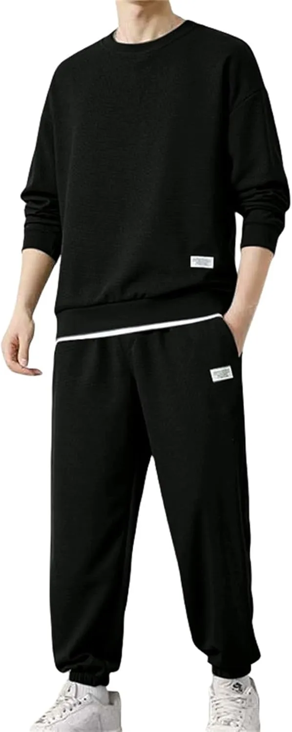 Mens Fashion Sweatshirt Set Casual Crew Neck Long Sleeve Tops Trousers Thermal Loose Workout Jogging Suits Big & Tall