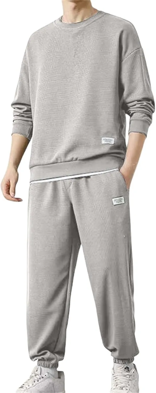 Mens Fashion Sweatshirt Set Casual Crew Neck Long Sleeve Tops Trousers Thermal Loose Workout Jogging Suits Big & Tall