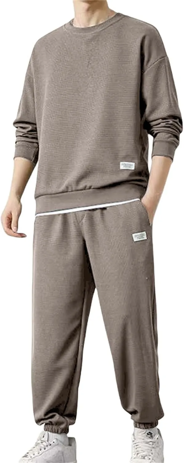 Mens Fashion Sweatshirt Set Casual Crew Neck Long Sleeve Tops Trousers Thermal Loose Workout Jogging Suits Big & Tall