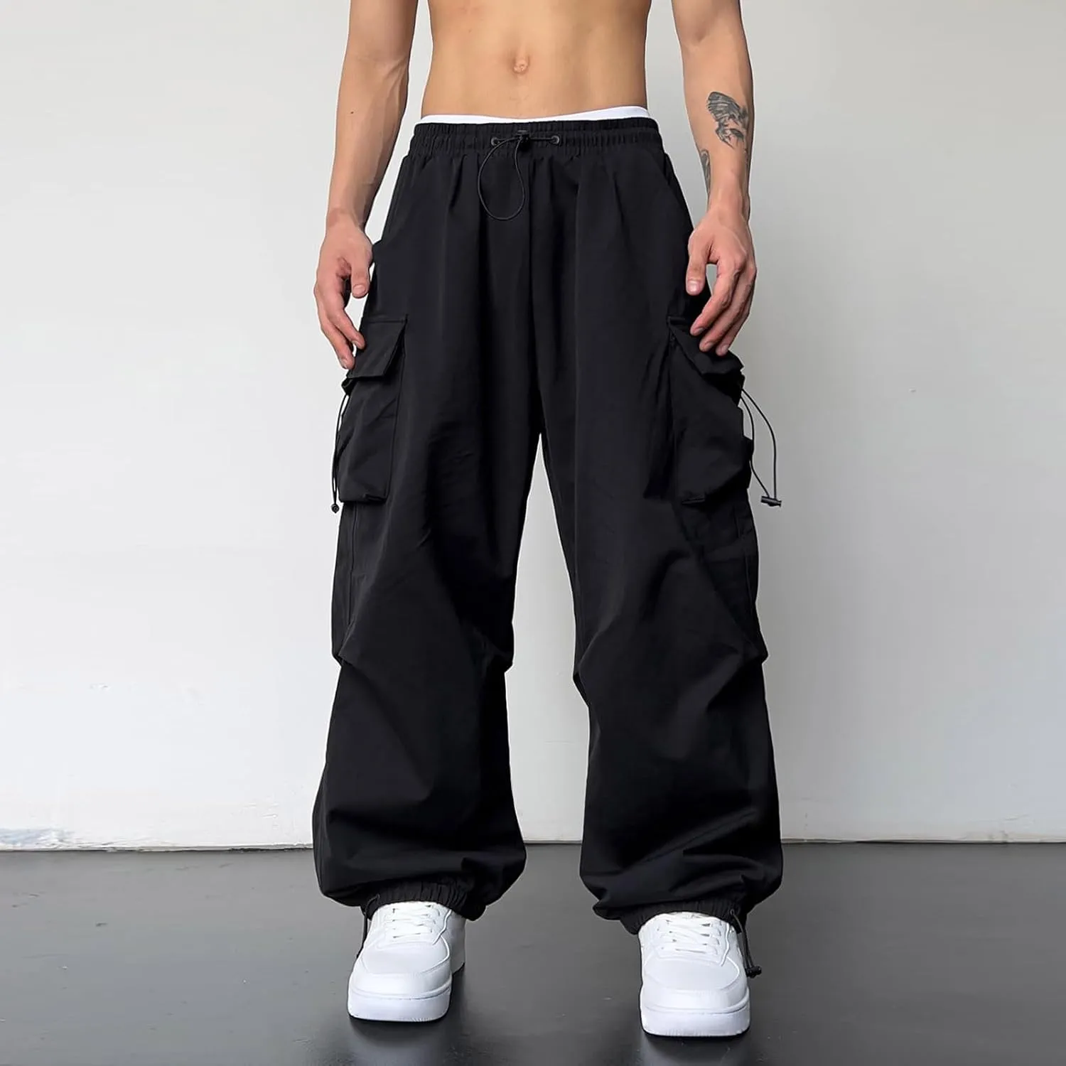 Men's Hip Hop Parachute Jogger Pants Y2K Street Baggy Trousers Rap Hippies Cargo Pants Harem Pants with Pockets