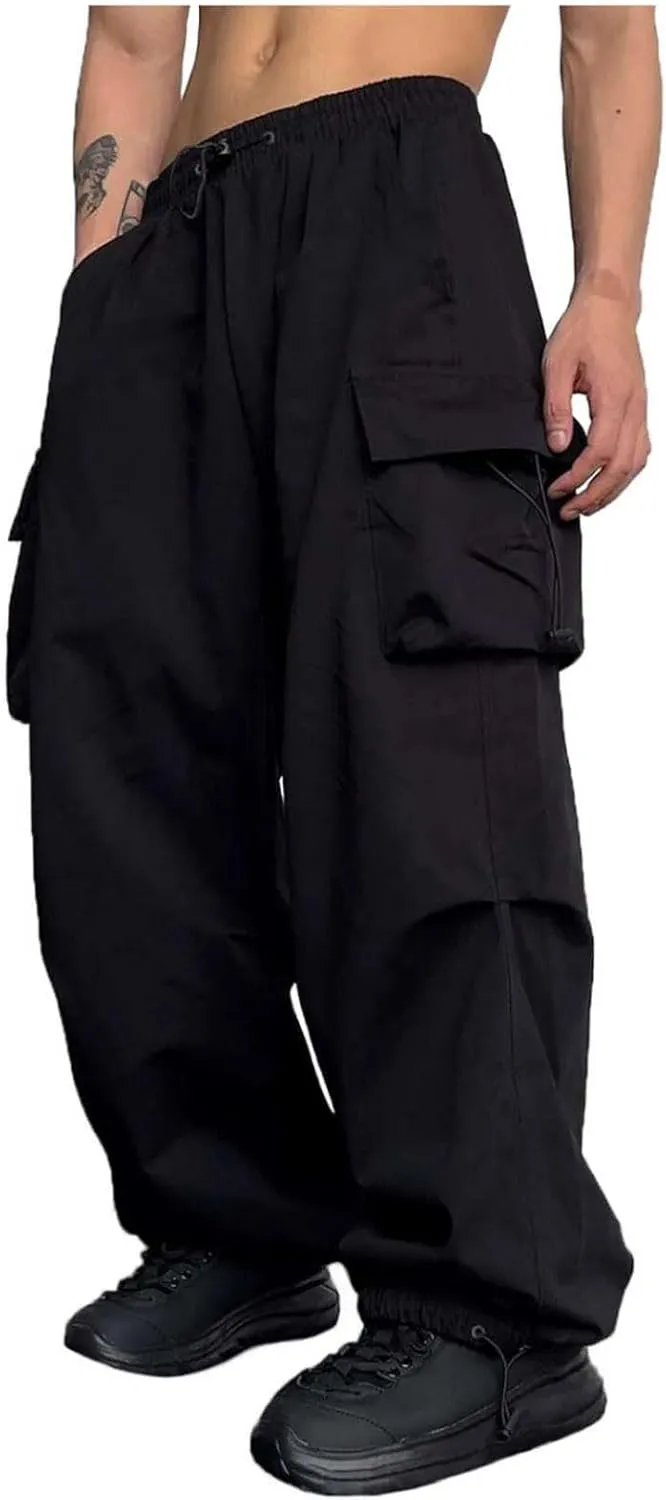 Men's Hip Hop Parachute Jogger Pants Y2K Street Baggy Trousers Rap Hippies Cargo Pants Harem Pants with Pockets