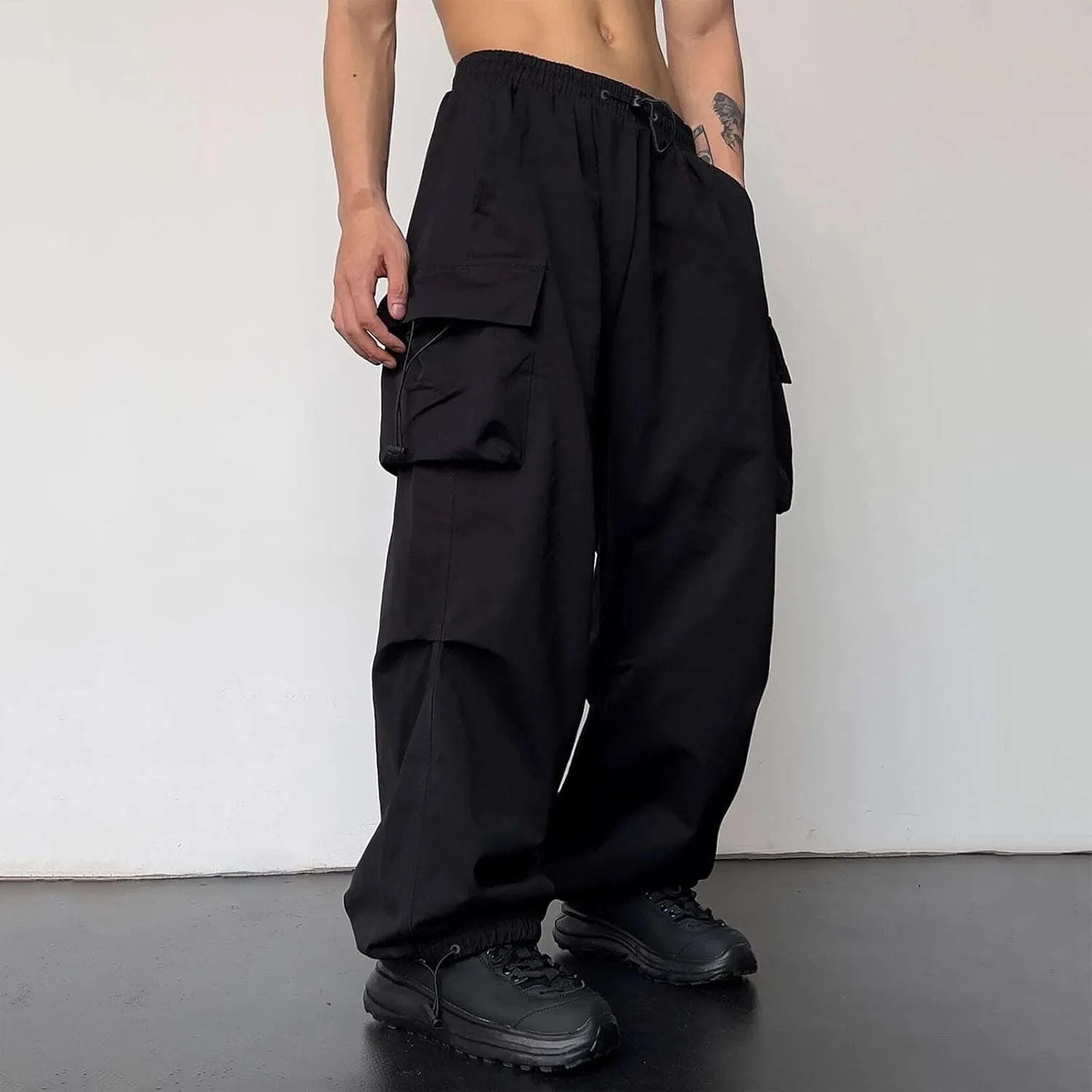 Men's Hip Hop Parachute Jogger Pants Y2K Street Baggy Trousers Rap Hippies Cargo Pants Harem Pants with Pockets