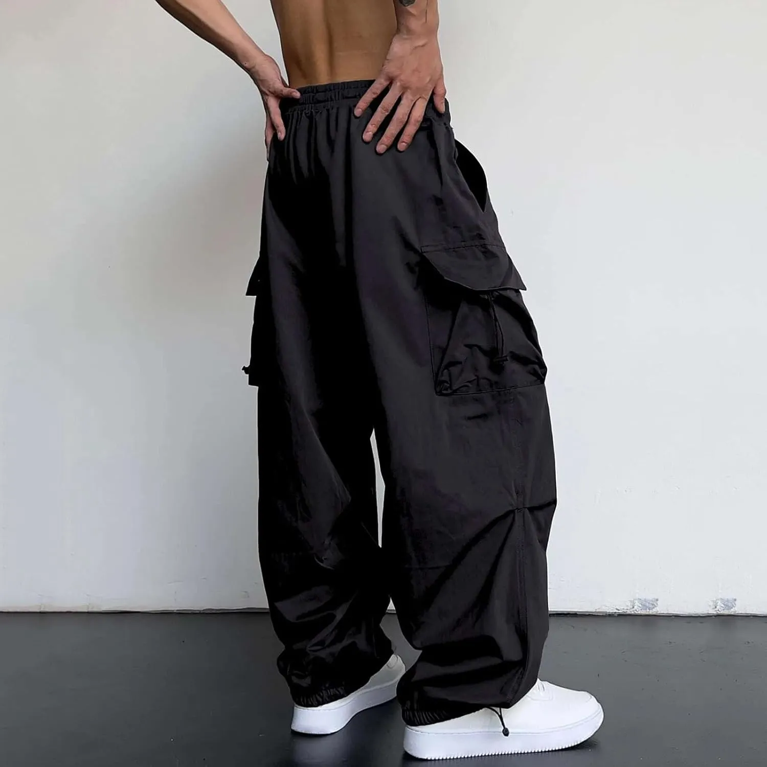 Men's Hip Hop Parachute Jogger Pants Y2K Street Baggy Trousers Rap Hippies Cargo Pants Harem Pants with Pockets