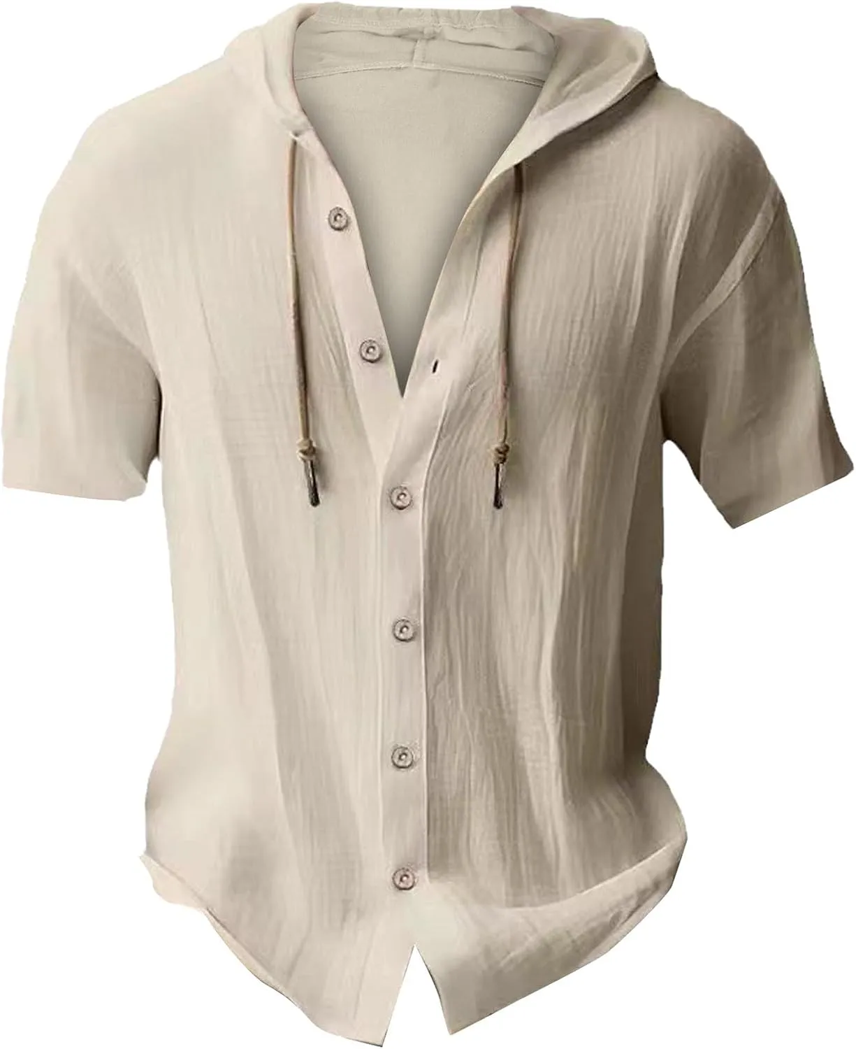 Men's Hooded Linen Shirts Casual Hawaiian Drawstring Button Down Short Sleeve Tops Summer Beach Vacation Hippie Shirt