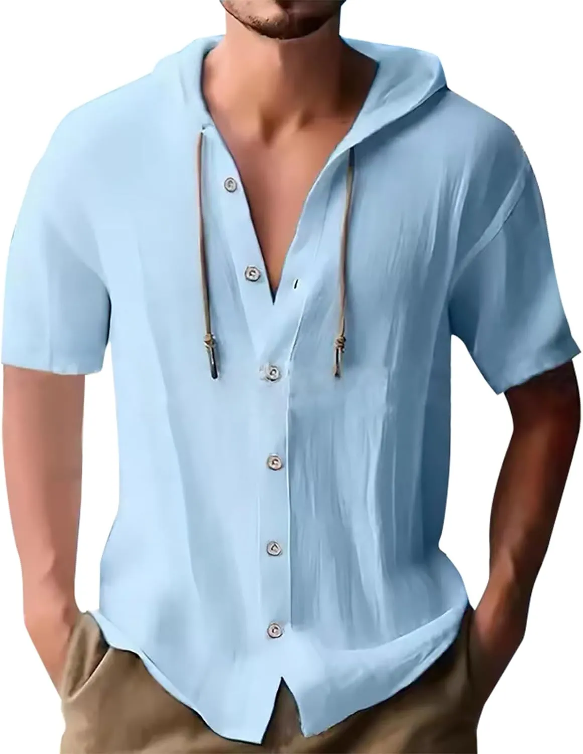 Men's Hooded Linen Shirts Casual Hawaiian Drawstring Button Down Short Sleeve Tops Summer Beach Vacation Hippie Shirt