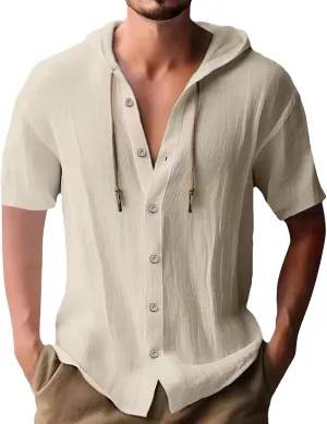 Men's Hooded Linen Shirts Casual Hawaiian Drawstring Button Down Short Sleeve Tops Summer Beach Vacation Hippie Shirt