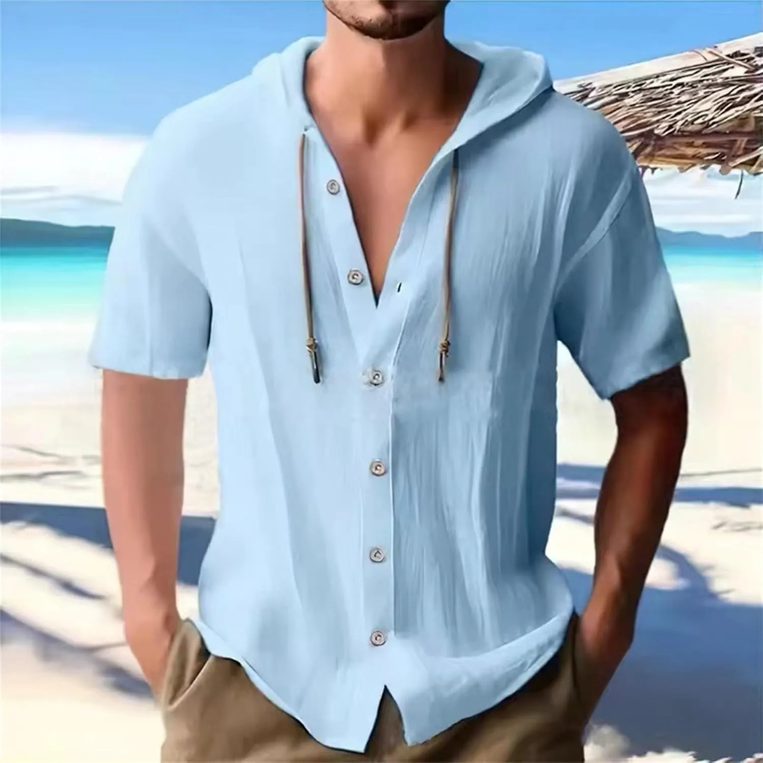 Men's Hooded Linen Shirts Casual Hawaiian Drawstring Button Down Short Sleeve Tops Summer Beach Vacation Hippie Shirt