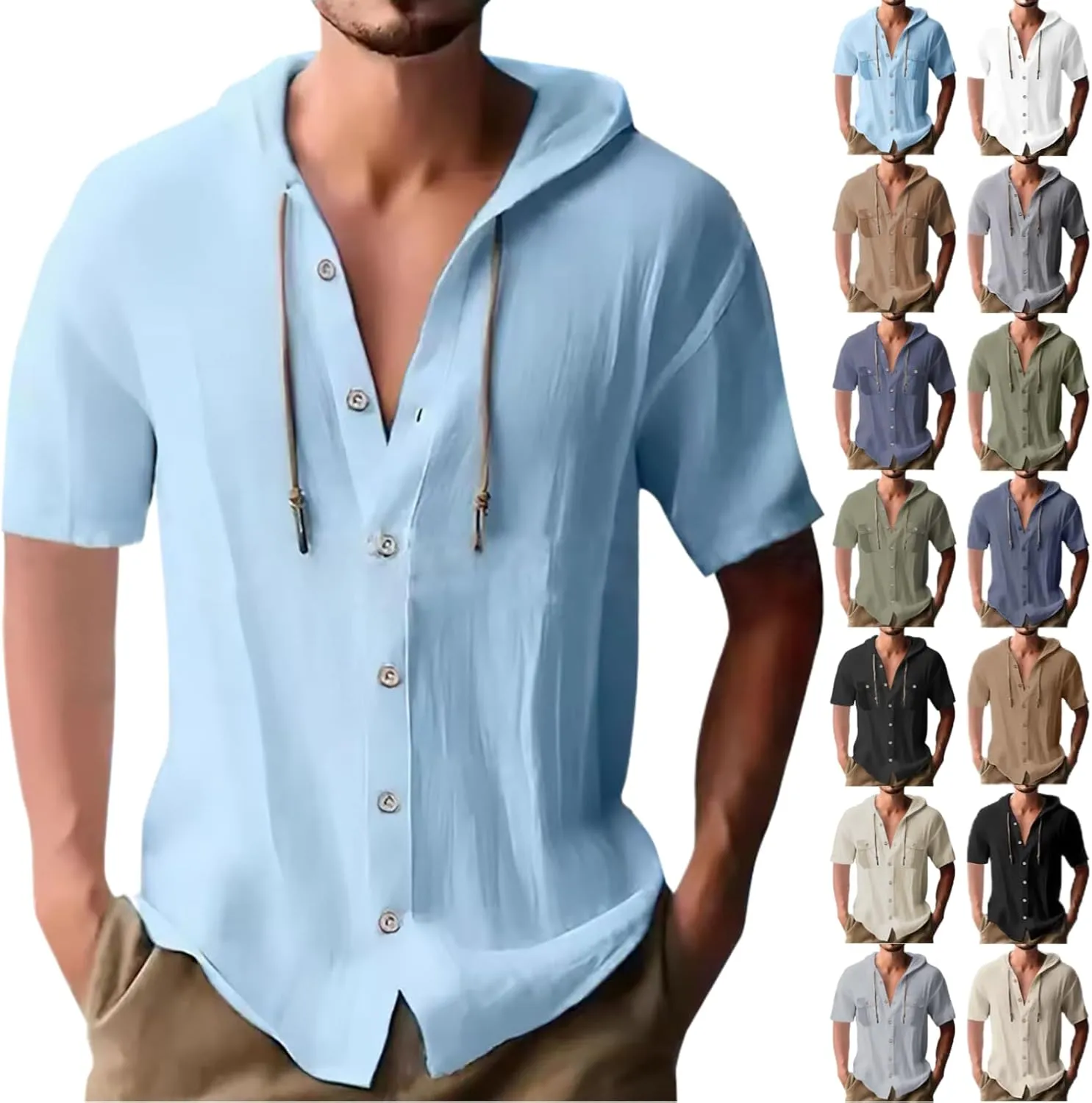 Men's Hooded Linen Shirts Casual Hawaiian Drawstring Button Down Short Sleeve Tops Summer Beach Vacation Hippie Shirt