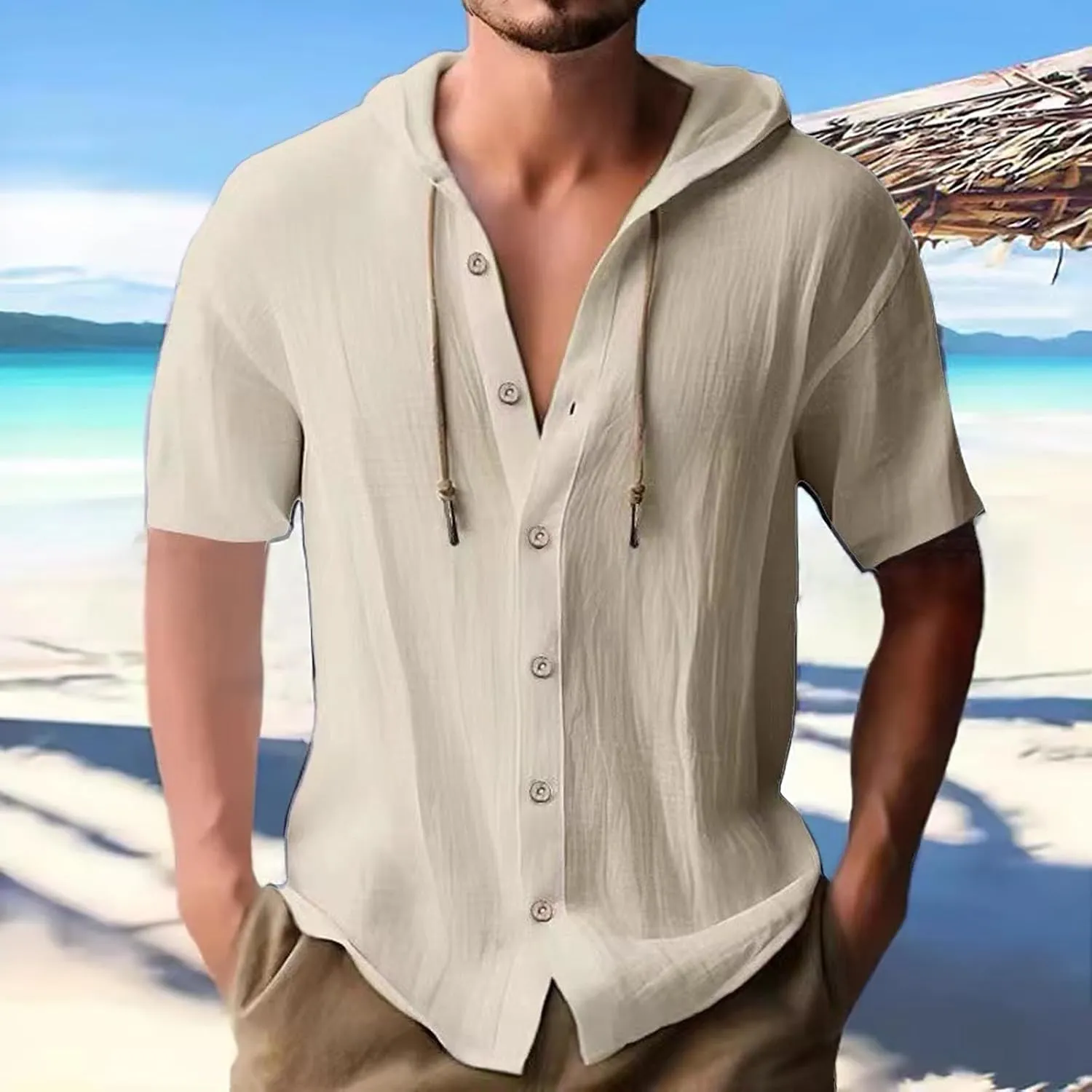 Men's Hooded Linen Shirts Casual Hawaiian Drawstring Button Down Short Sleeve Tops Summer Beach Vacation Hippie Shirt