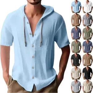 Men's Hooded Linen Shirts Casual Hawaiian Drawstring Button Down Short Sleeve Tops Summer Beach Vacation Hippie Shirt