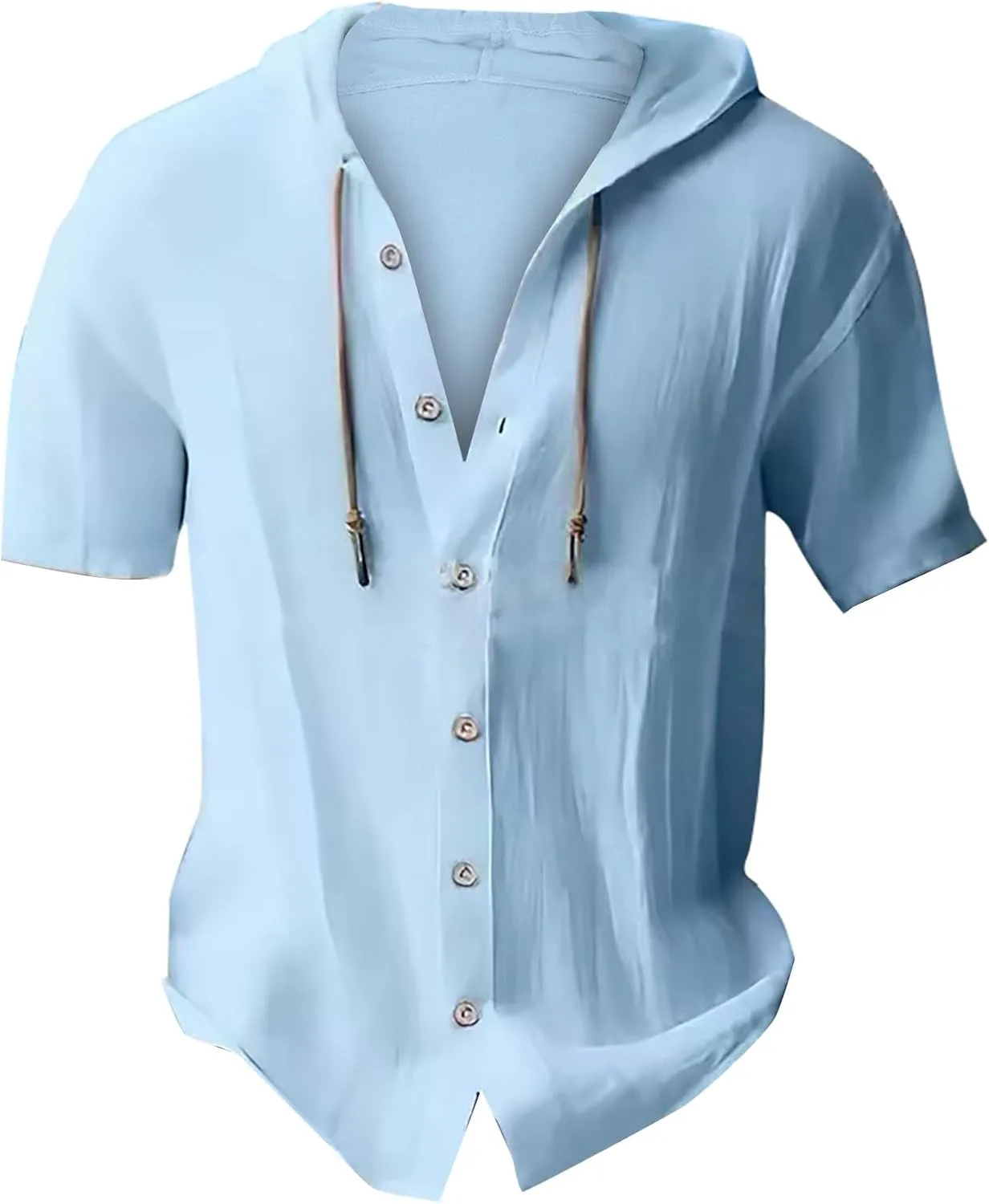 Men's Hooded Linen Shirts Casual Hawaiian Drawstring Button Down Short Sleeve Tops Summer Beach Vacation Hippie Shirt