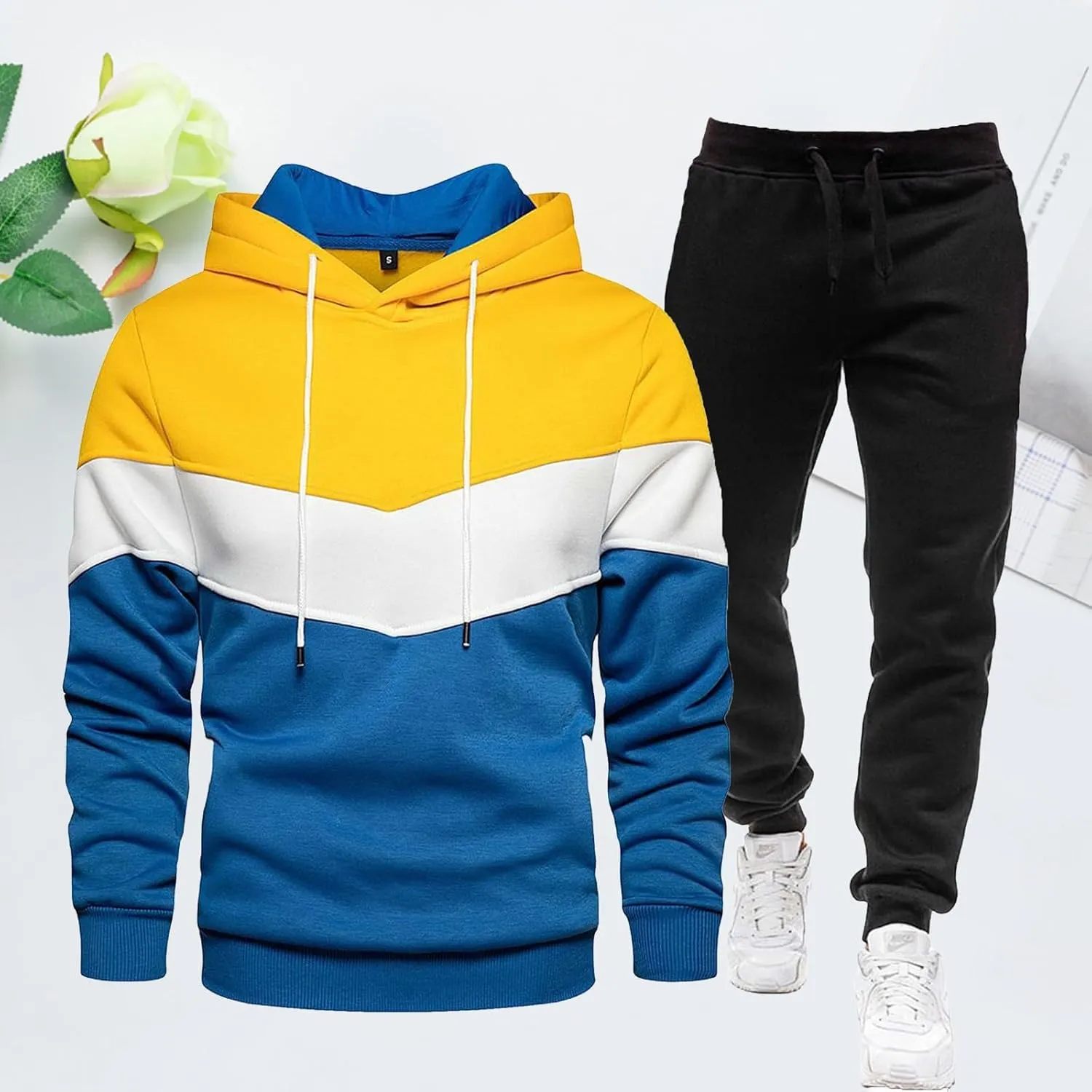 Mens Hooded Tracksuit Color Block Drawstring Long Sleeve Sweatshirt Jogging Pants 2 Piece Athletic Sweatsuit Outfits