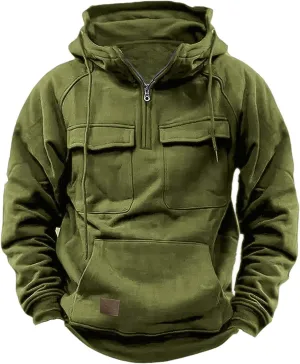 Mens Hoodies Graphic Design Quarter-Zip Drawstring Cargo Tactical Sweatshirts Fashion Long Sleeve Hooded Pullover