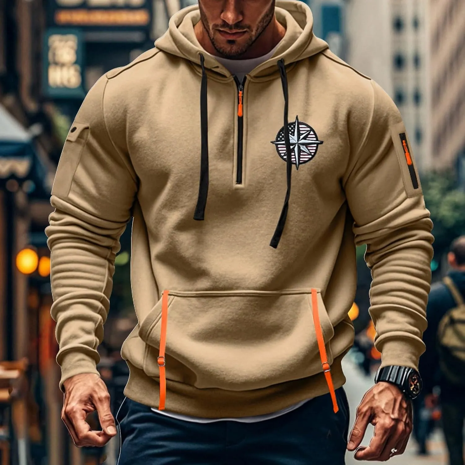 Mens Hoodies Pullover Military Tactical Long Sleeve Hoodies Vintage Workout Quarter Zip Sweatshirt Trendy Pullover
