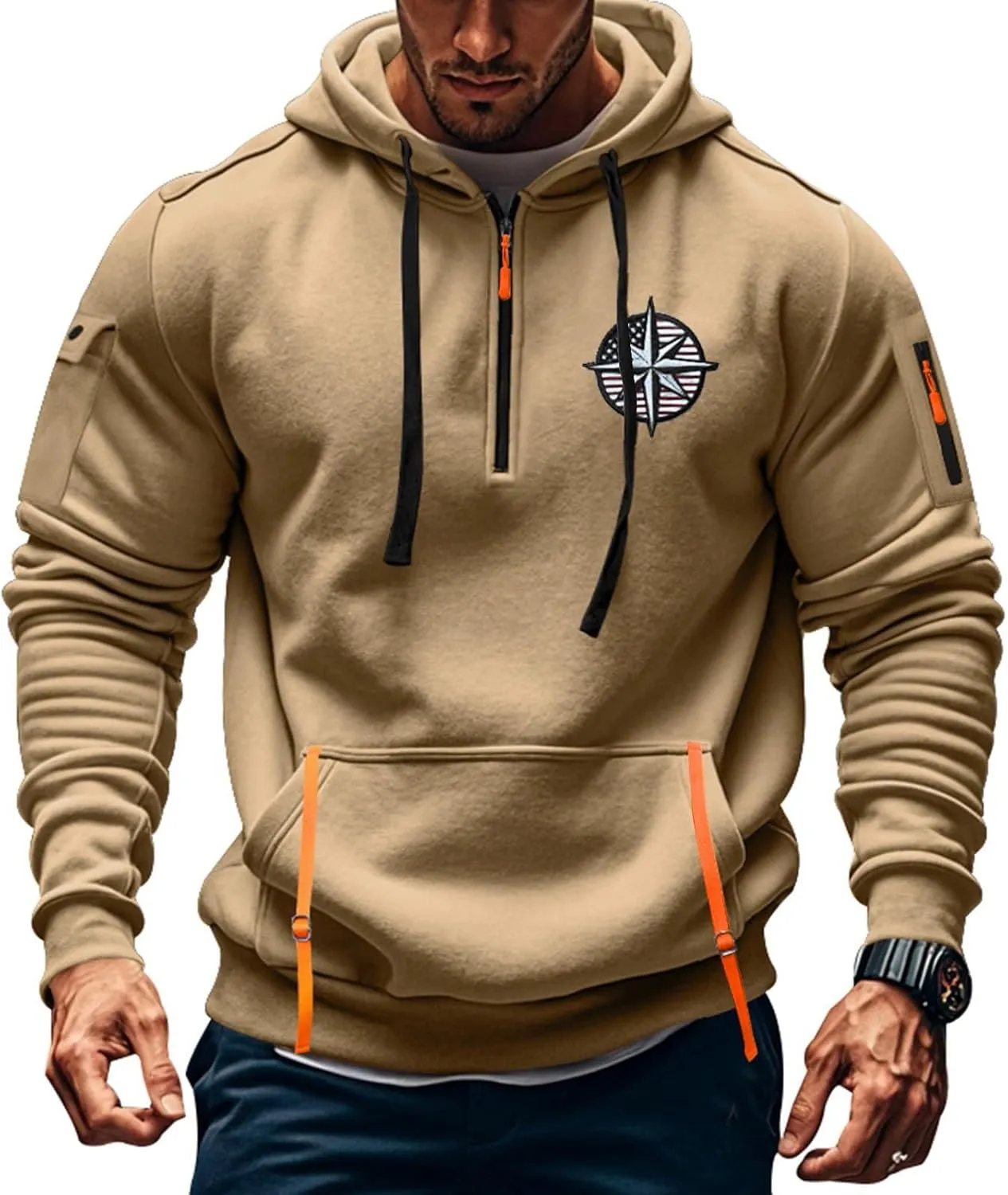 Mens Hoodies Pullover Military Tactical Long Sleeve Hoodies Vintage Workout Quarter Zip Sweatshirt Trendy Pullover