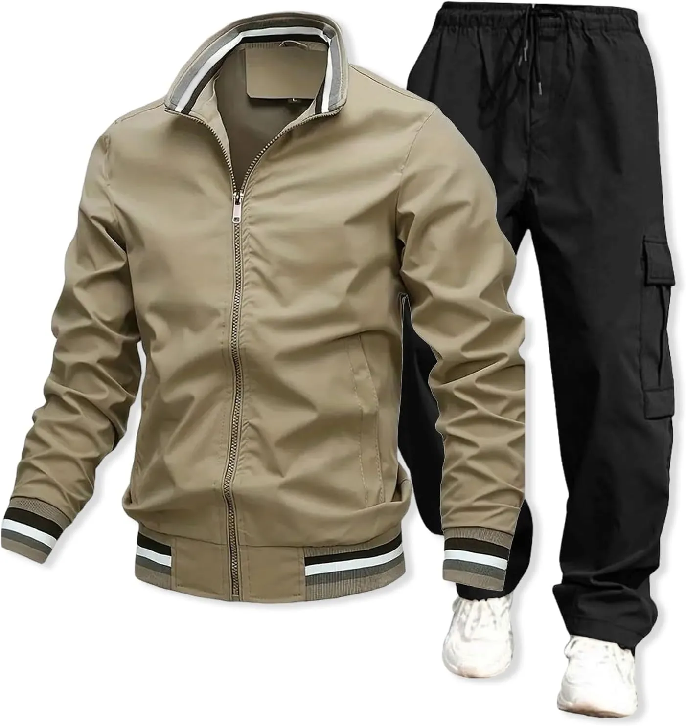 Mens Jacket Overalls 2 Piece Stand Collar Zipper Long Sleeve Jacket Trousers Spring Fall Casual Sport Set with Pocket