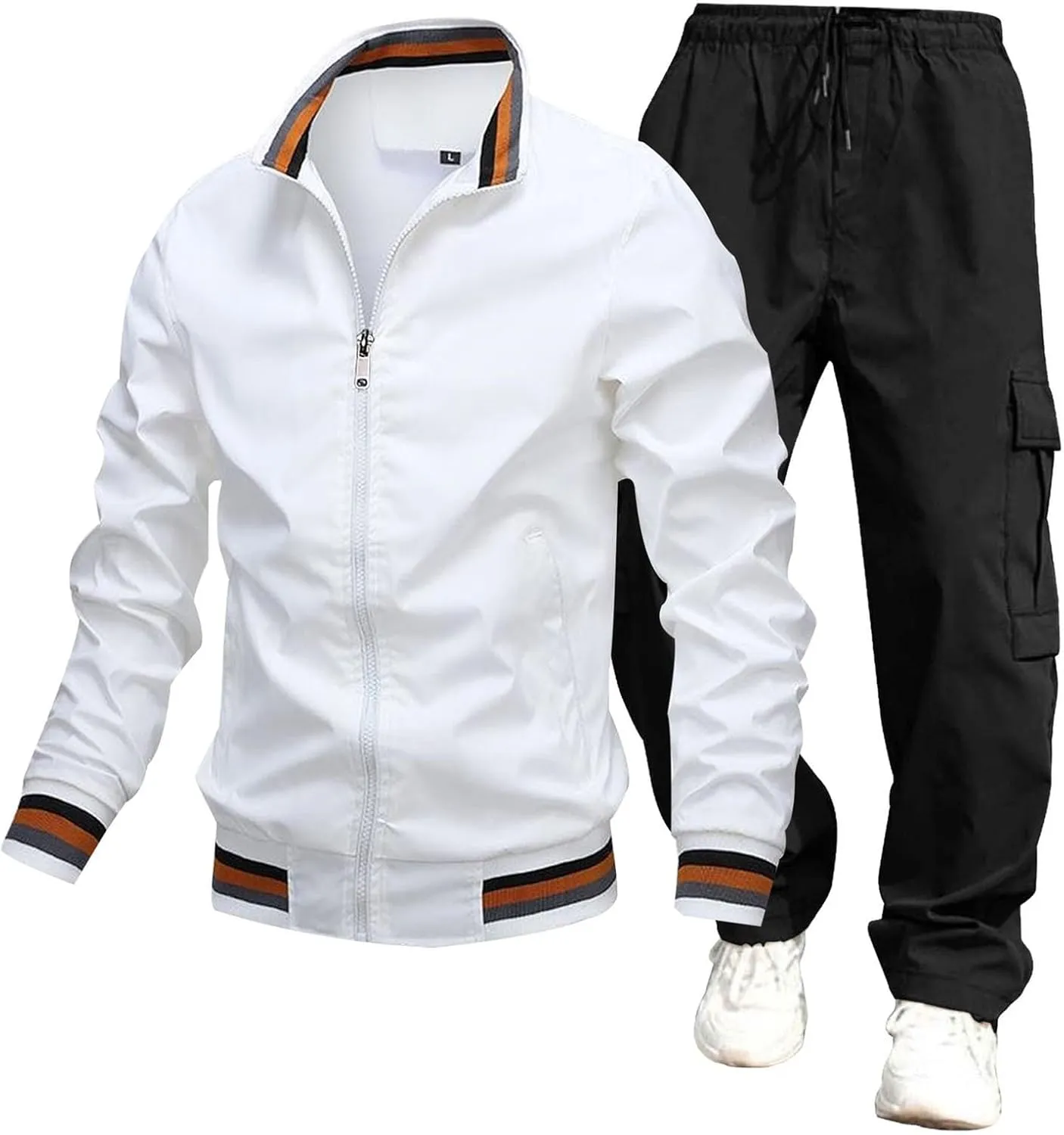 Mens Jacket Overalls 2 Piece Stand Collar Zipper Long Sleeve Jacket Trousers Spring Fall Casual Sport Set with Pocket