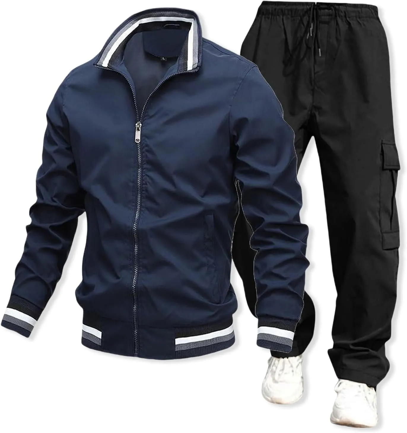 Mens Jacket Overalls 2 Piece Stand Collar Zipper Long Sleeve Jacket Trousers Spring Fall Casual Sport Set with Pocket