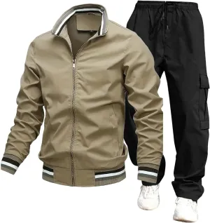 Mens Jacket Overalls 2 Piece Stand Collar Zipper Long Sleeve Jacket Trousers Spring Fall Casual Sport Set with Pocket