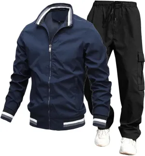 Mens Jacket Overalls 2 Piece Stand Collar Zipper Long Sleeve Jacket Trousers Spring Fall Casual Sport Set with Pocket